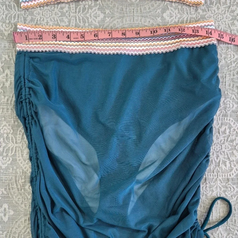 Teal High Waisted Bikini‎ Mesh Skirt Set Chevron Trim Womens Large